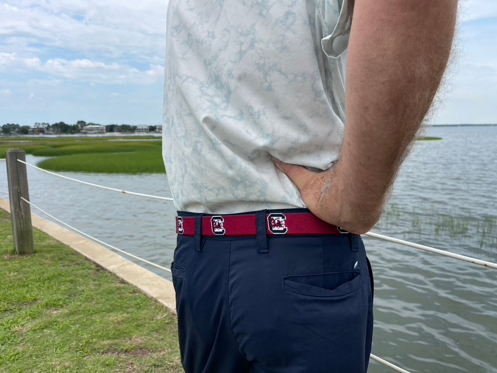 USC Gamecocks needlepoint belt modeled