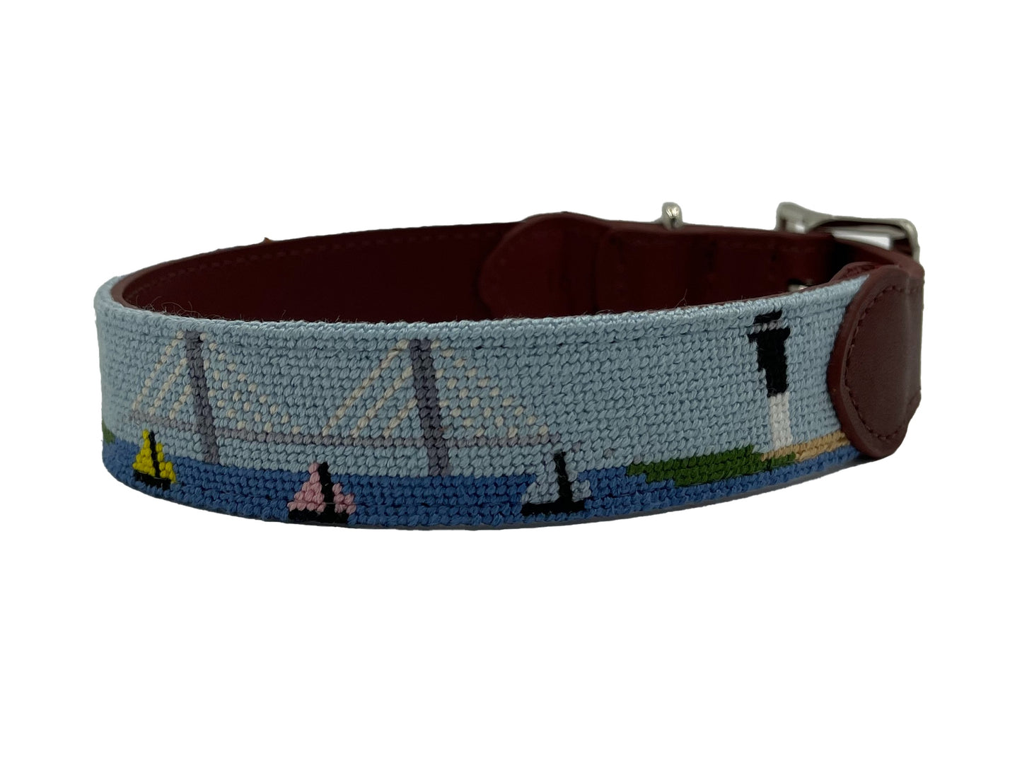 Charleston bridge lighthouse boats needlepoint dog collar