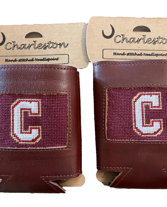 College of Charleston needlepoint embroidered leather can cooler koozie