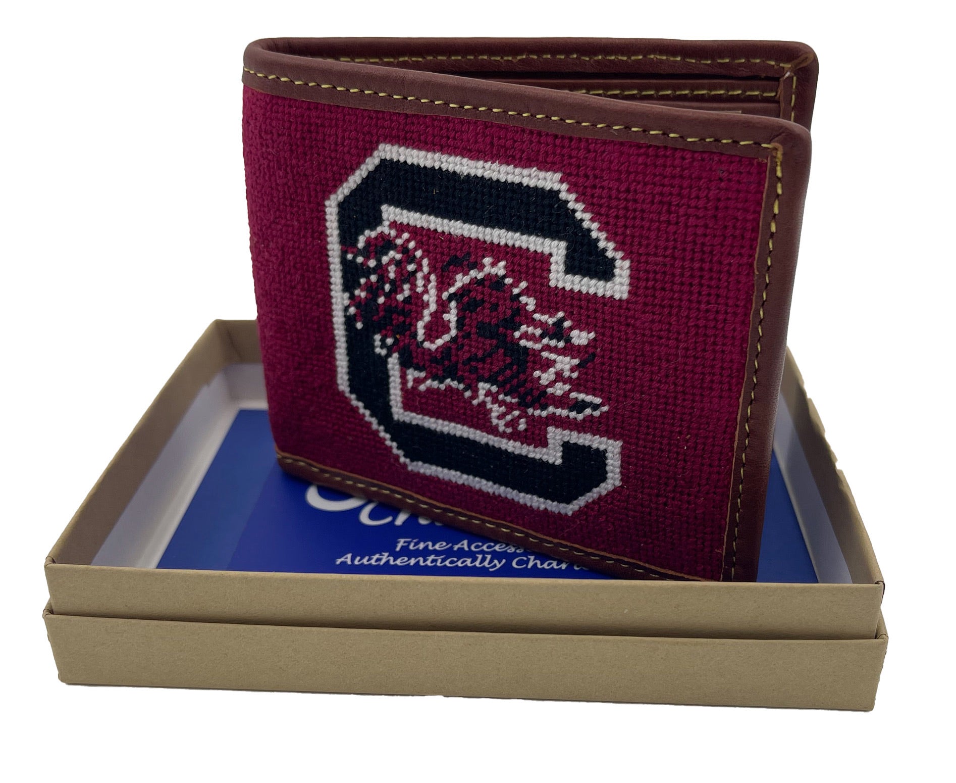 USC gamecocks leather bifold wallet with needlepoint embroidery