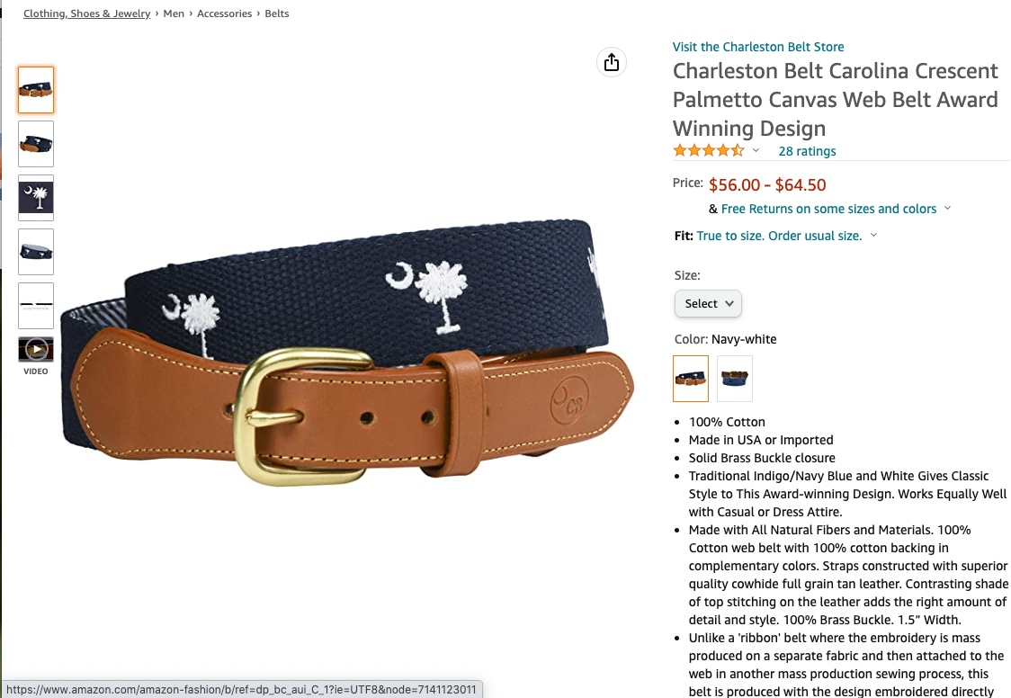 screenshot of amazon product listing showing feedback and customer reviews with star ratings for sc state flag belt white palmetto moon on navy blue cotton web