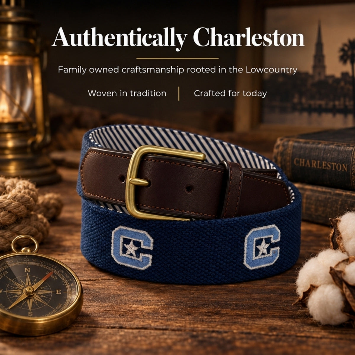 A navy blue woven belt with brown leather trim and a gold buckle, displayed on a rustic wooden surface with decorative props including a lantern, compass, cotton bolls, and old books. Text at the top reads 'Authentically Charleston'.