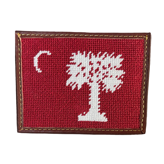 palmetto moon needlepoint embroidered leather card wallet red