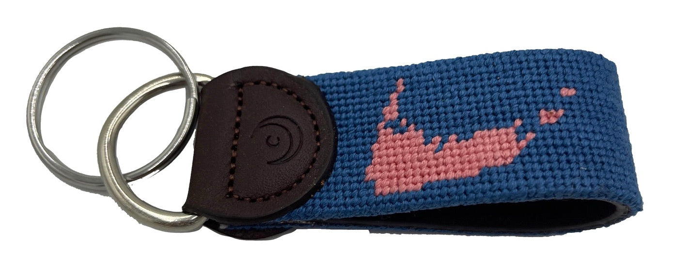 needlepoint key fob keychain nantucket island blue with nantucket faded red motif finished with dark brown leather and chrome color D-ring attachment
