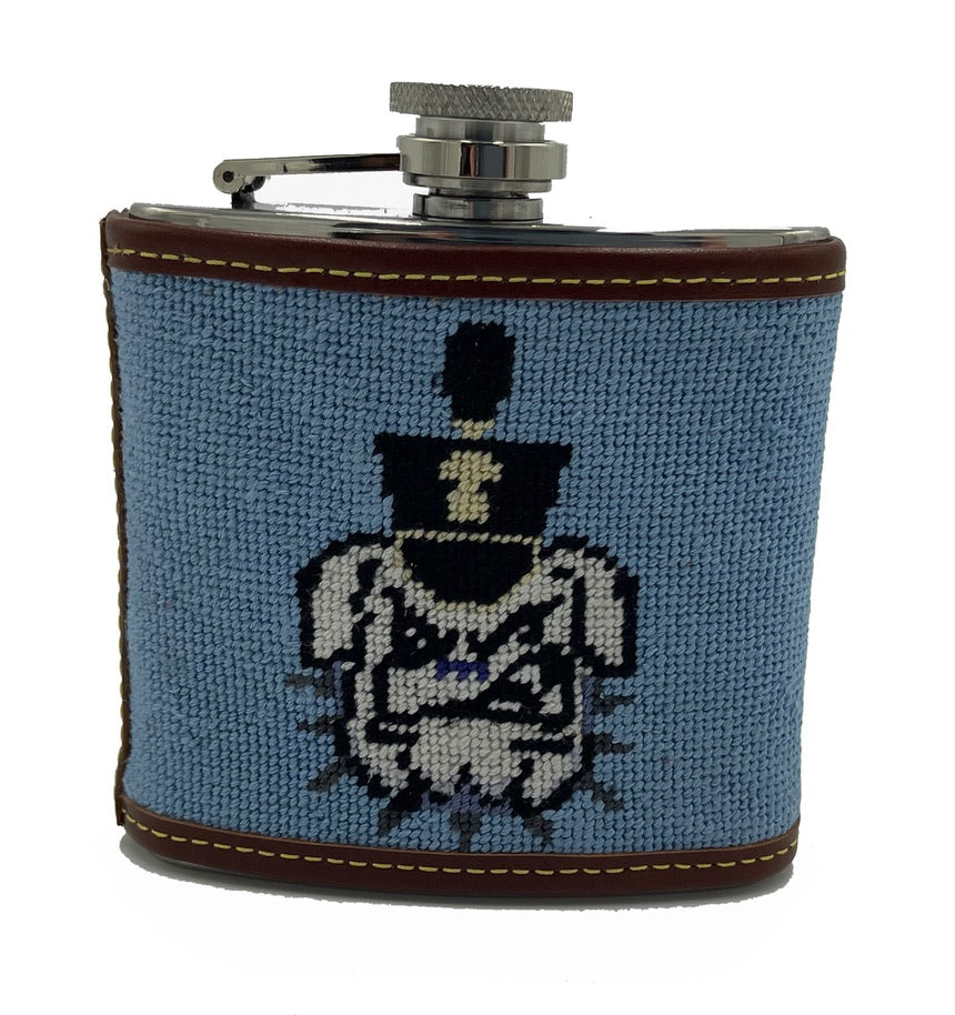 the Citadel spike needlepoint embroidered leather flask