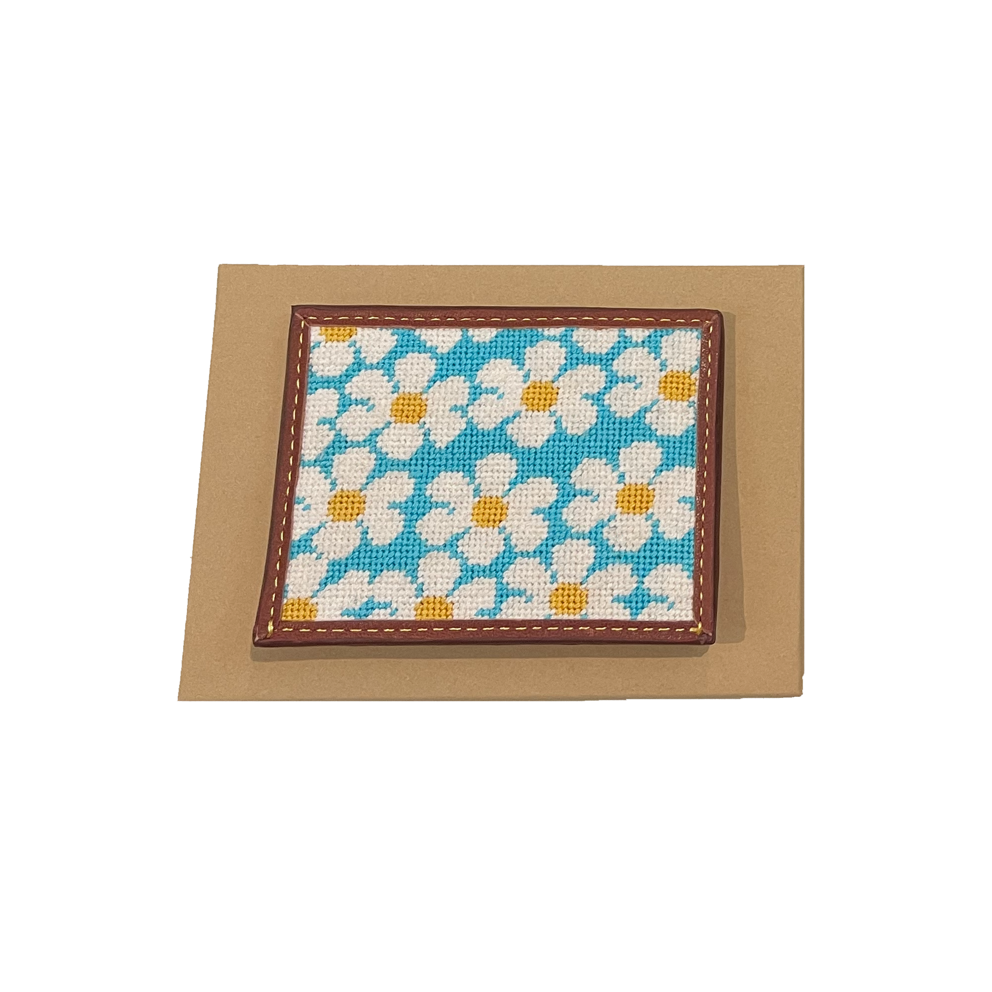 daisies leather card wallet with needlepoint embroidery