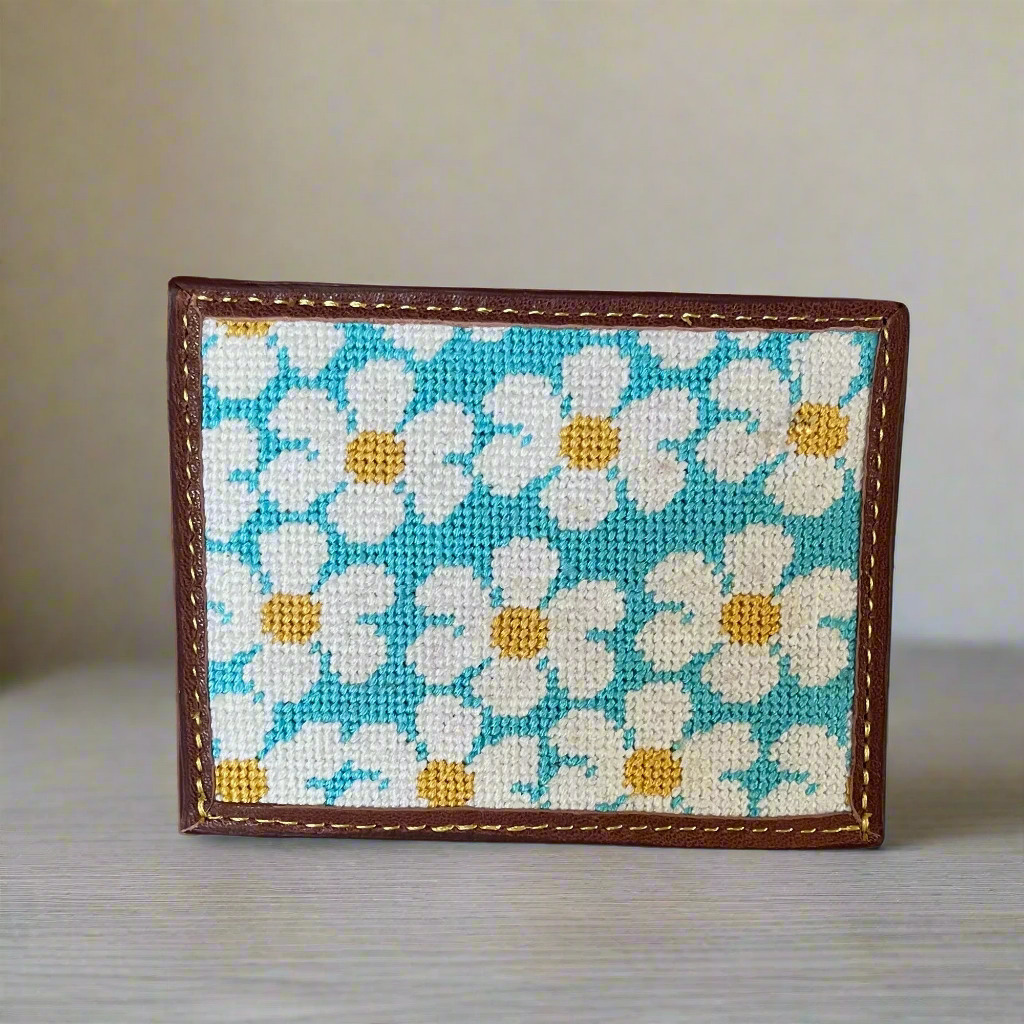 daisies needlepoint embroidered leather card wallet