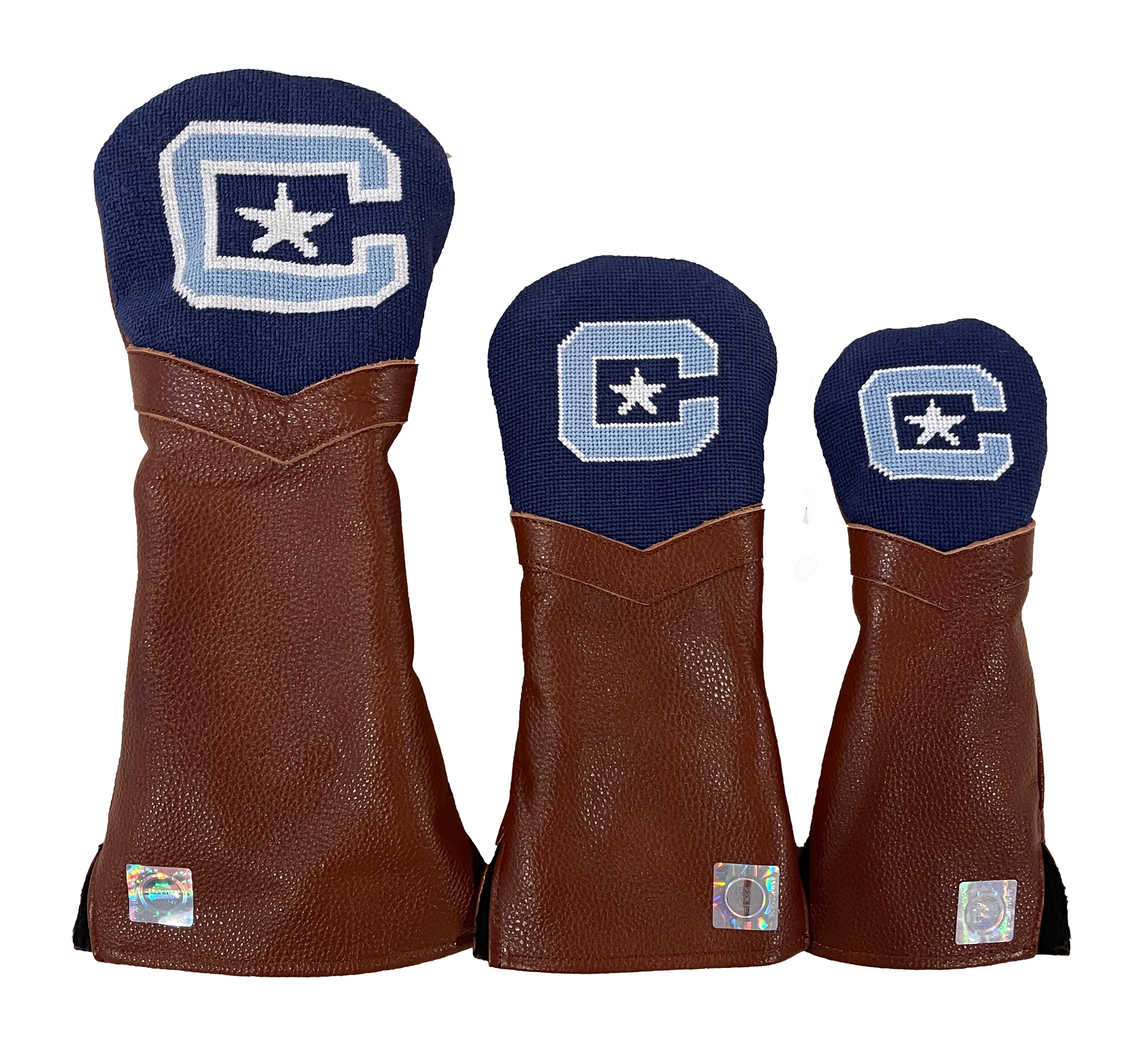 the Citadel needlepoint embroidered leather golf head covers