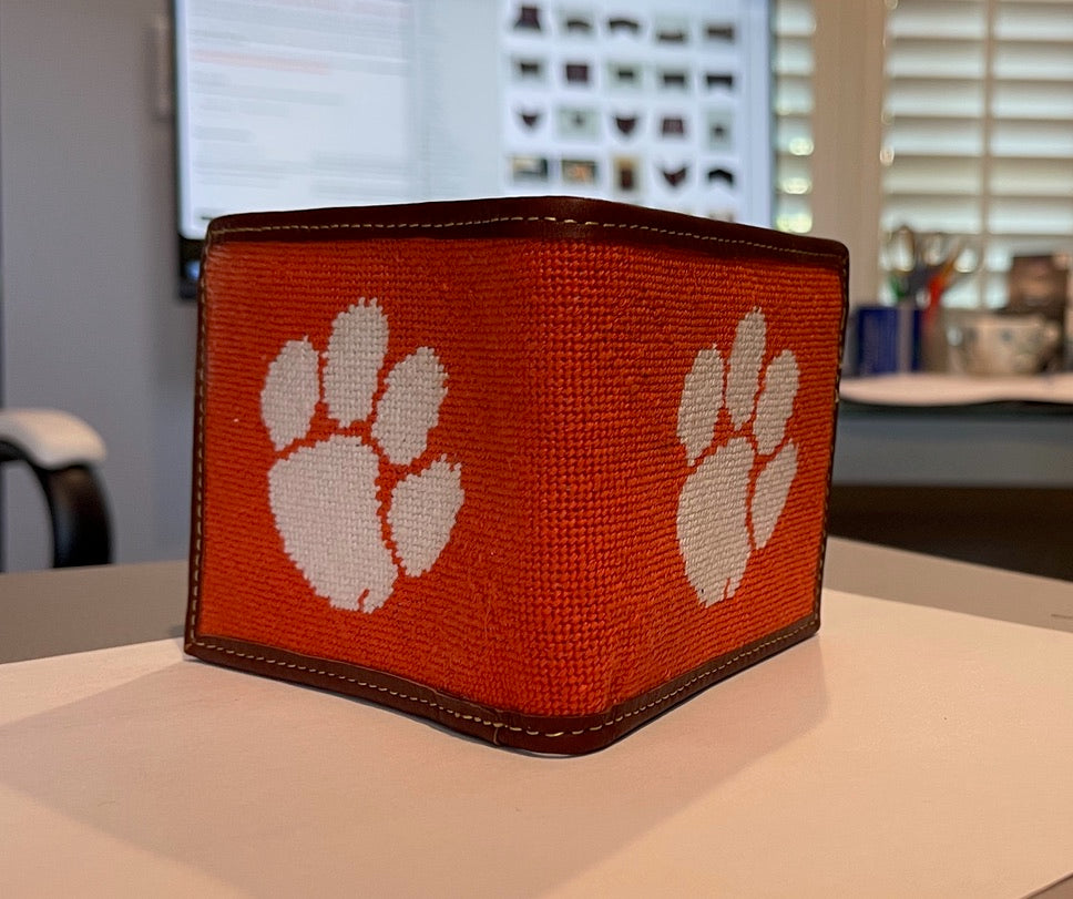Clemson tiger print needlepoint embroidered leather bifold wallet