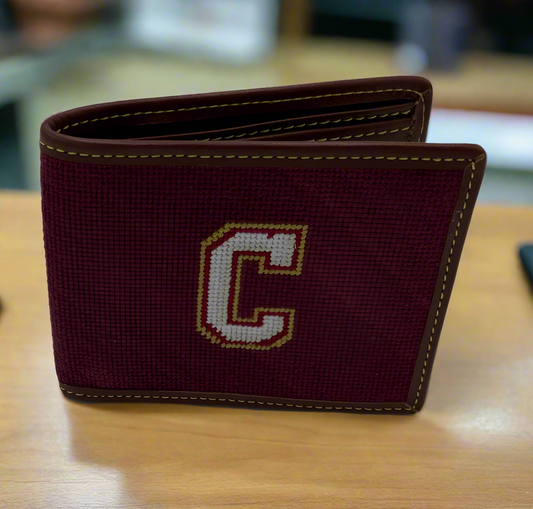 college of charleston needlepoint embroidered leather bifold wallet