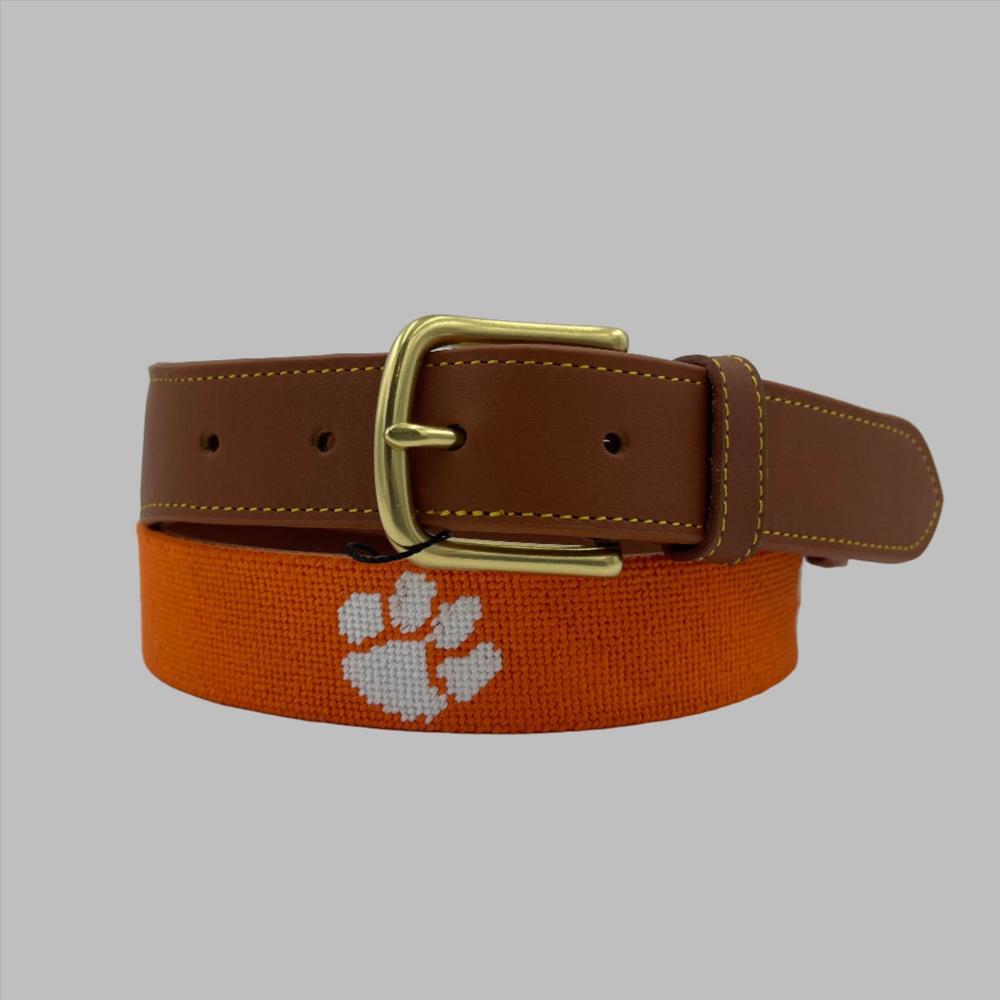 Clemson white tiger print on orange needlepoint leather belt