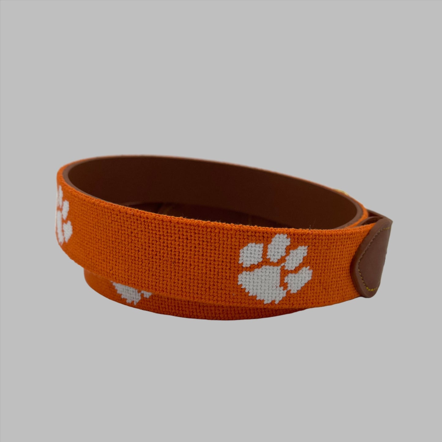 Clemson white tiger print on orange needlepoint leather belt