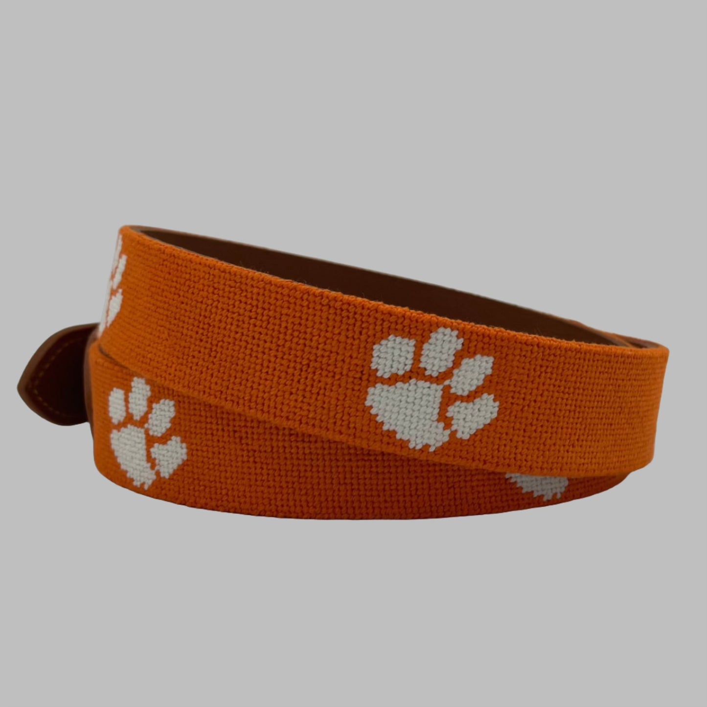 Clemson white tiger print on orange needlepoint leather belt