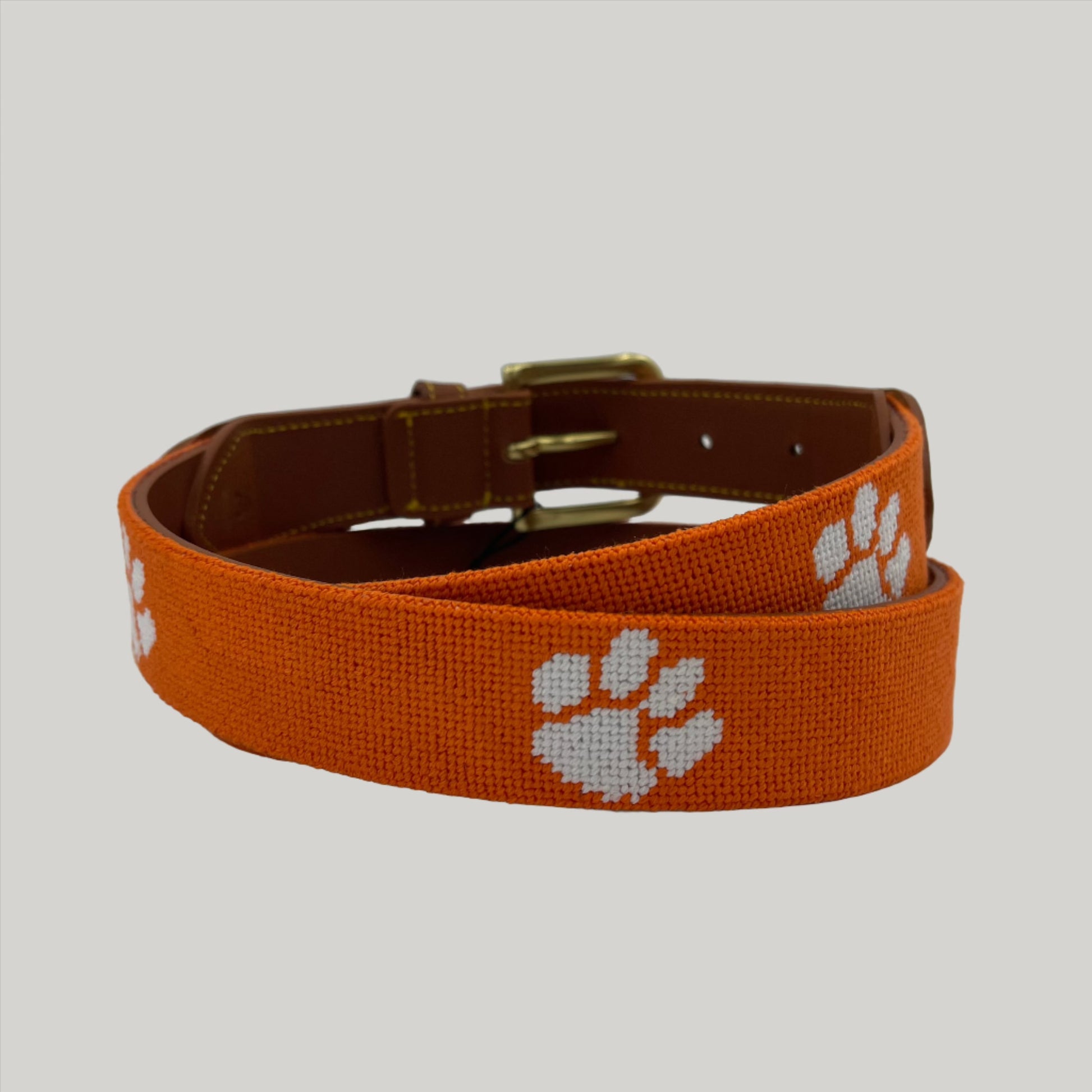 Clemson white tiger print on orange needlepoint leather belt