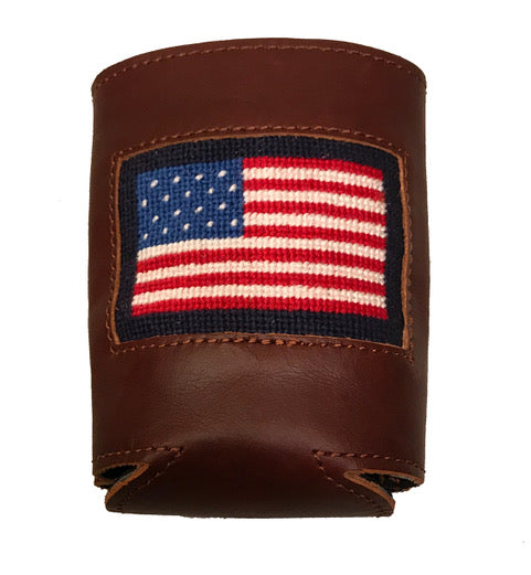 USA flag leather can cooler koozie