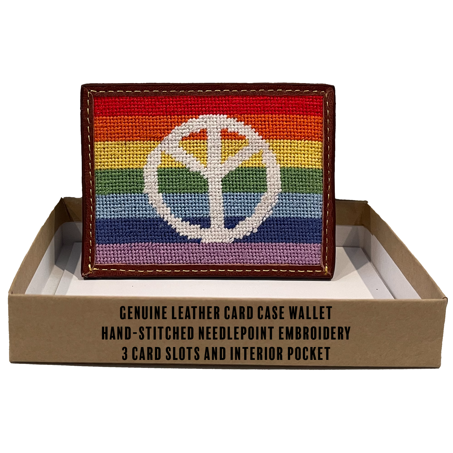 rainbow peace leather needlepoint embroidered card wallet
