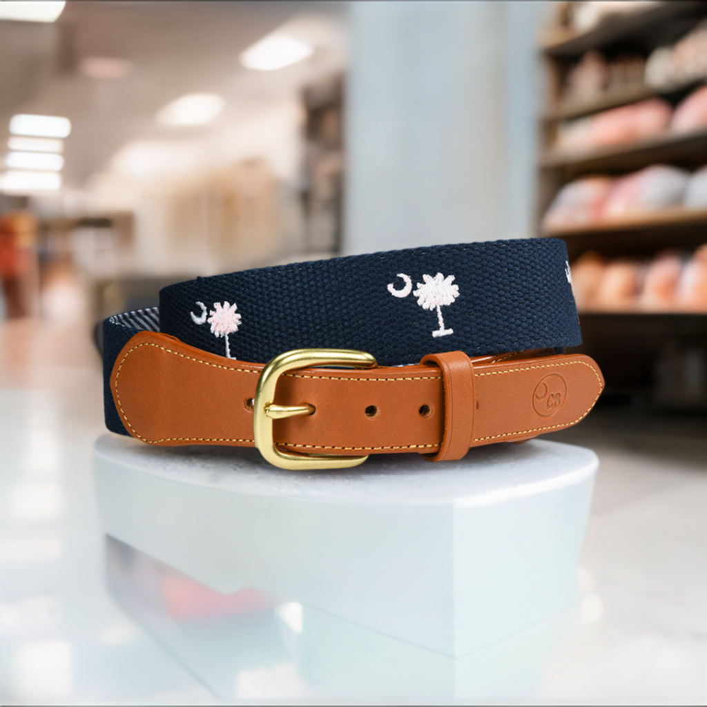 sc state flag belt on navy blue with white palmetto moon embroidery on woven cotton web and tan genuine leather