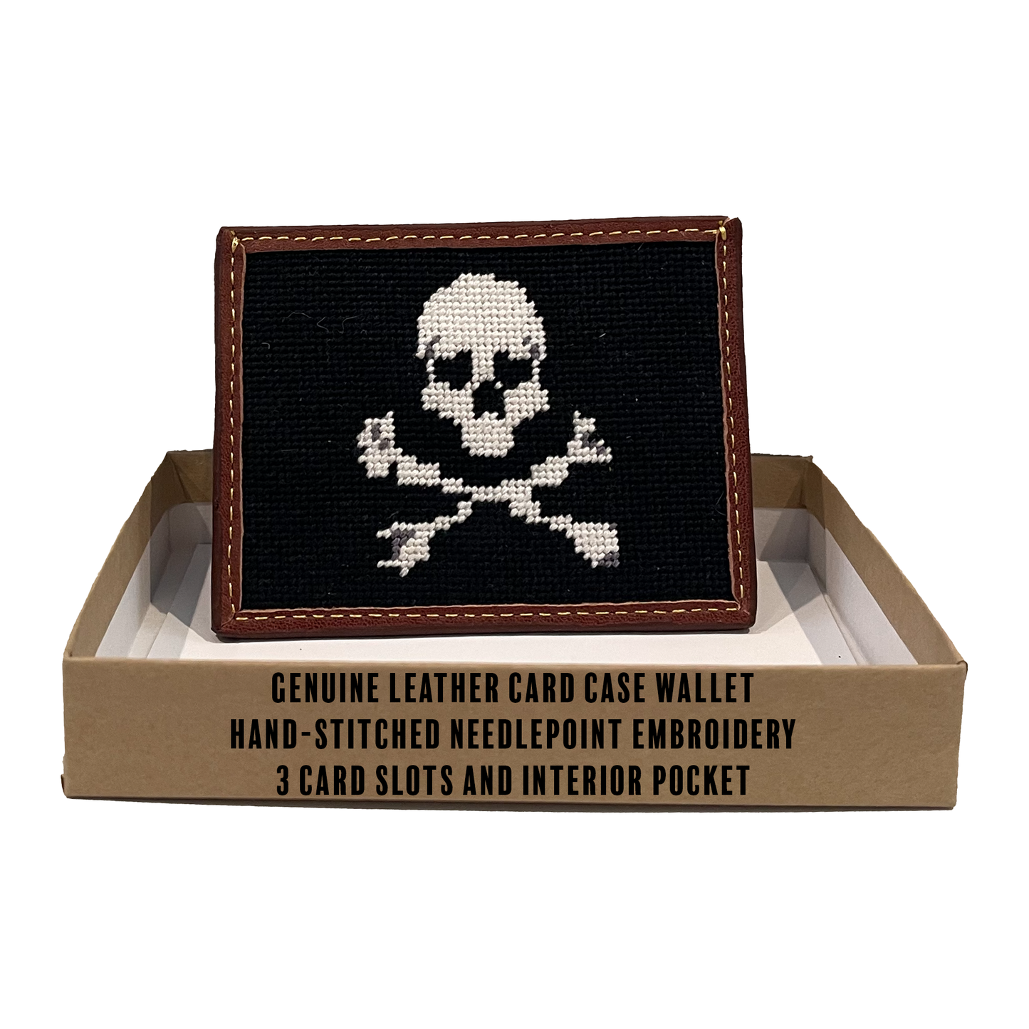 skull and crossbones leather needlepoint embroidered card wallet