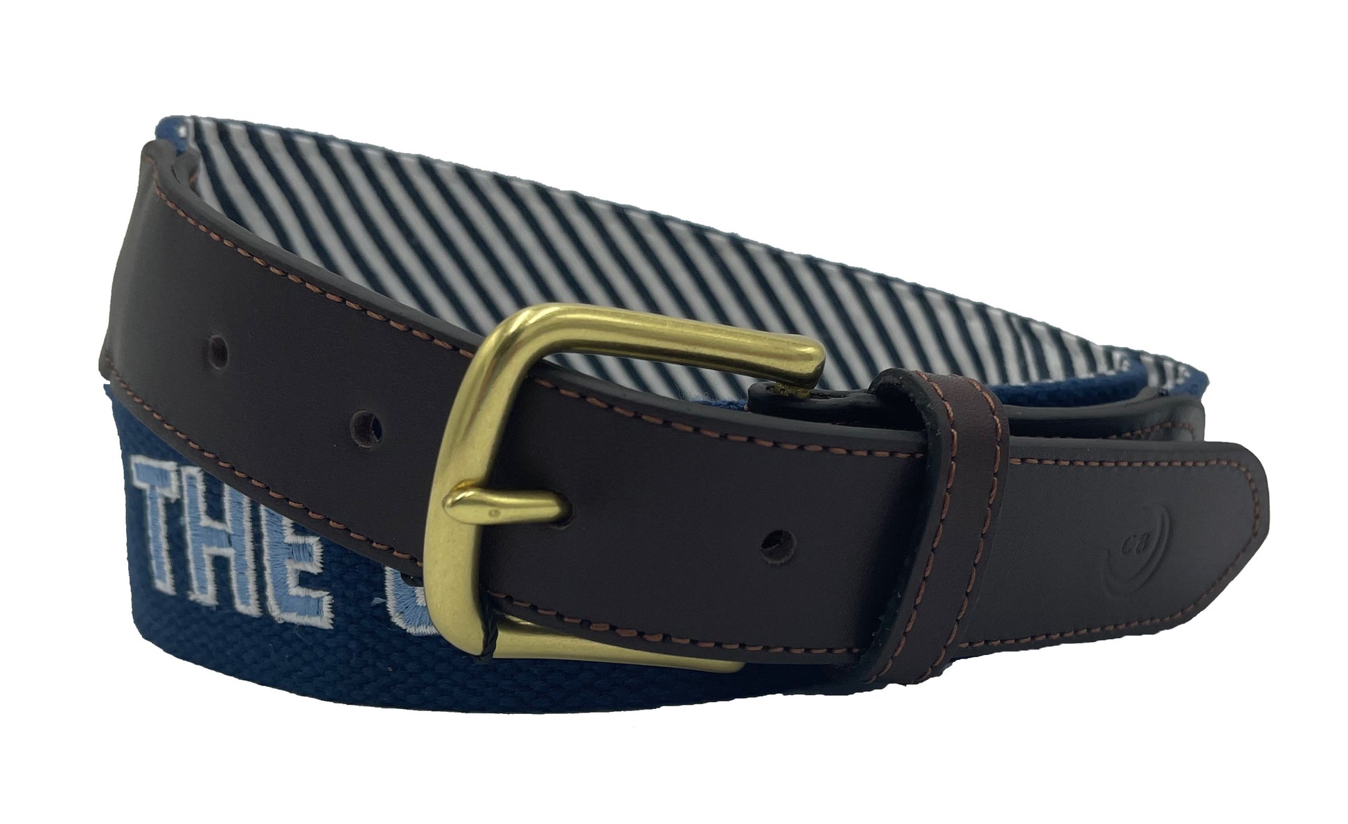Navy blue canvas belt with embroidered 'Citadel' and star logos in white and light blue colors