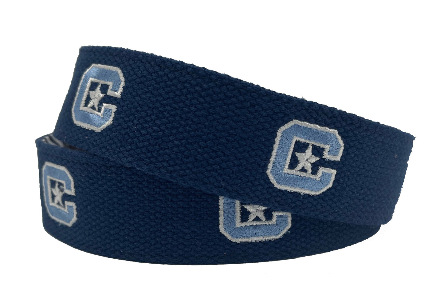 Navy blue canvas belt with embroidered 'Citadel' and star logos in white and light blue colors