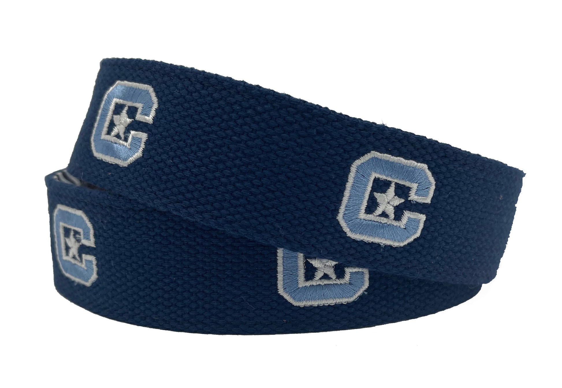 Navy blue canvas belt with embroidered 'Citadel' and star logos in white and light blue colors