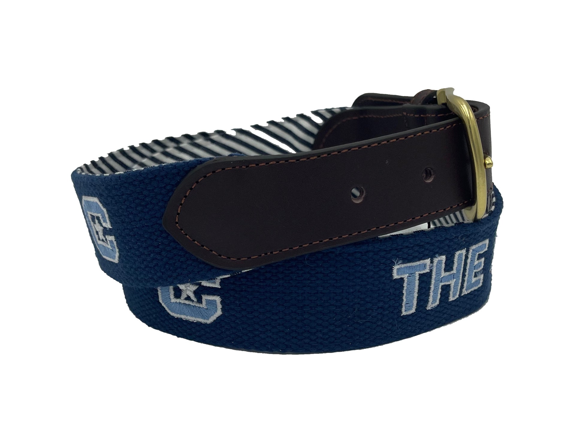Navy blue canvas belt with embroidered 'Citadel' and star logos in white and light blue colors