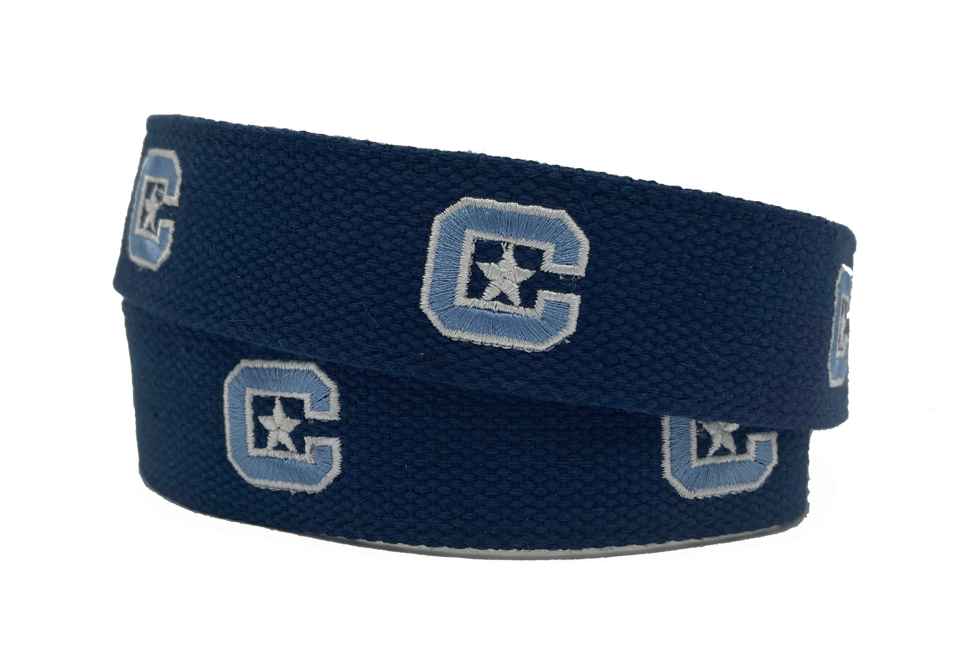 Navy blue canvas belt with embroidered 'Citadel' and star logos in white and light blue colors