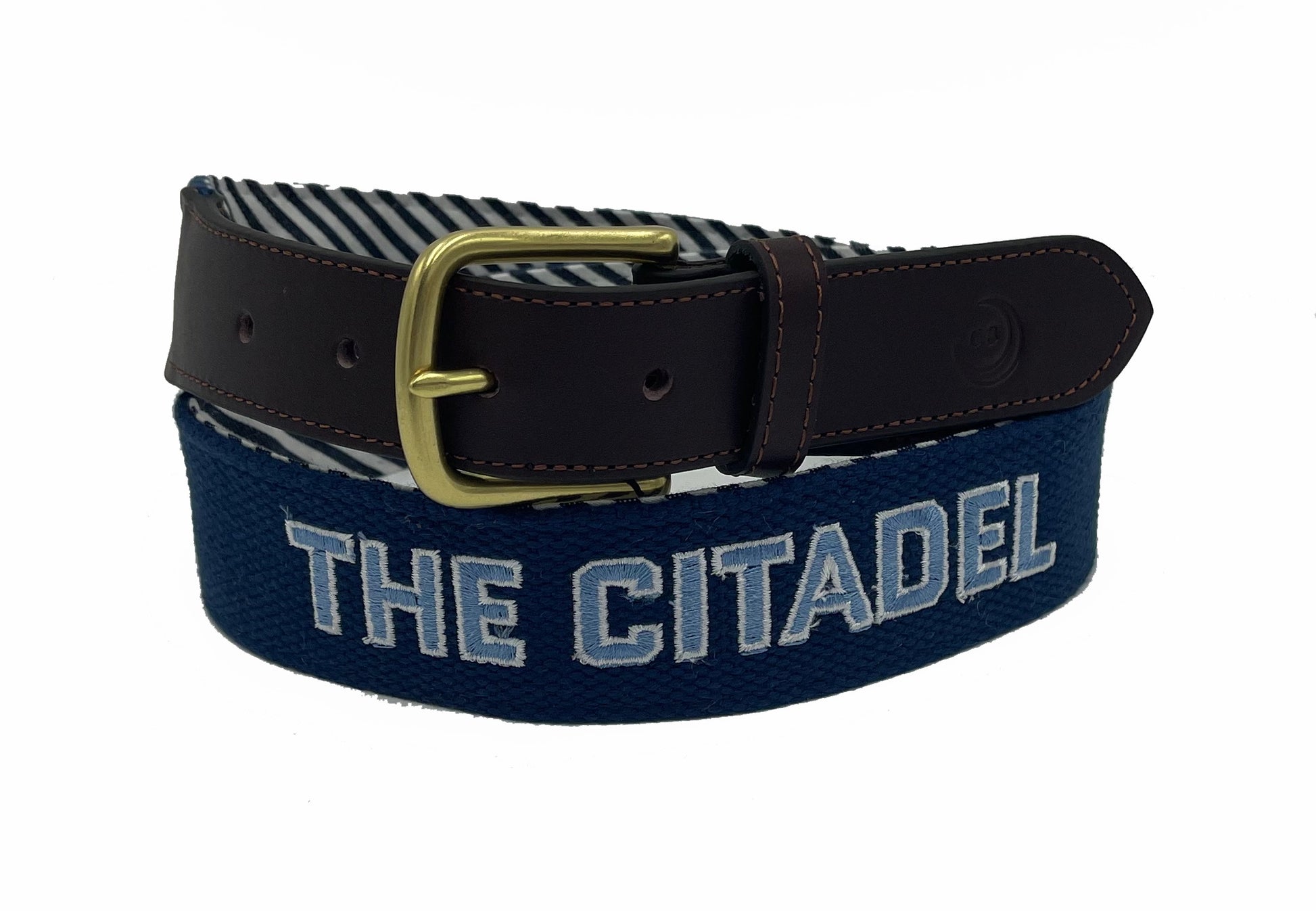 Navy blue canvas belt with embroidered 'Citadel' and star logos in white and light blue colors