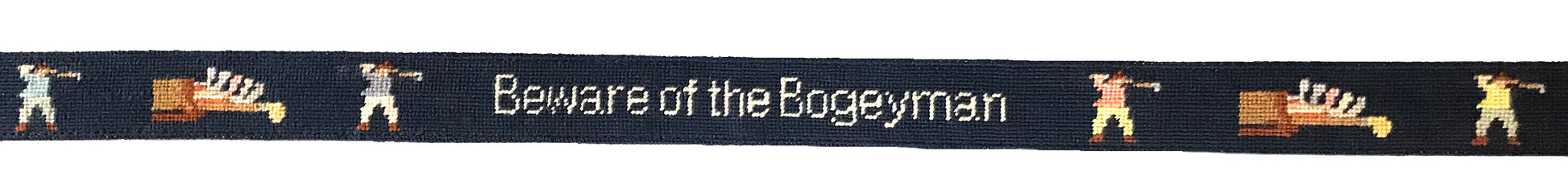 Golf belt layout featuring golf clubs and golfer on navy blue background.