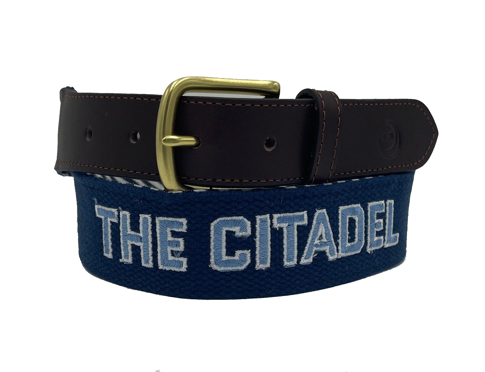 Navy blue canvas belt with embroidered 'Citadel' and star logos in white and light blue colors
