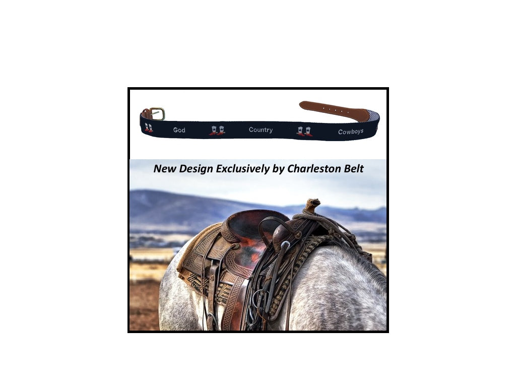 charlestonbelt.com ad for god, country, cowboys design hand-made needle-point belts