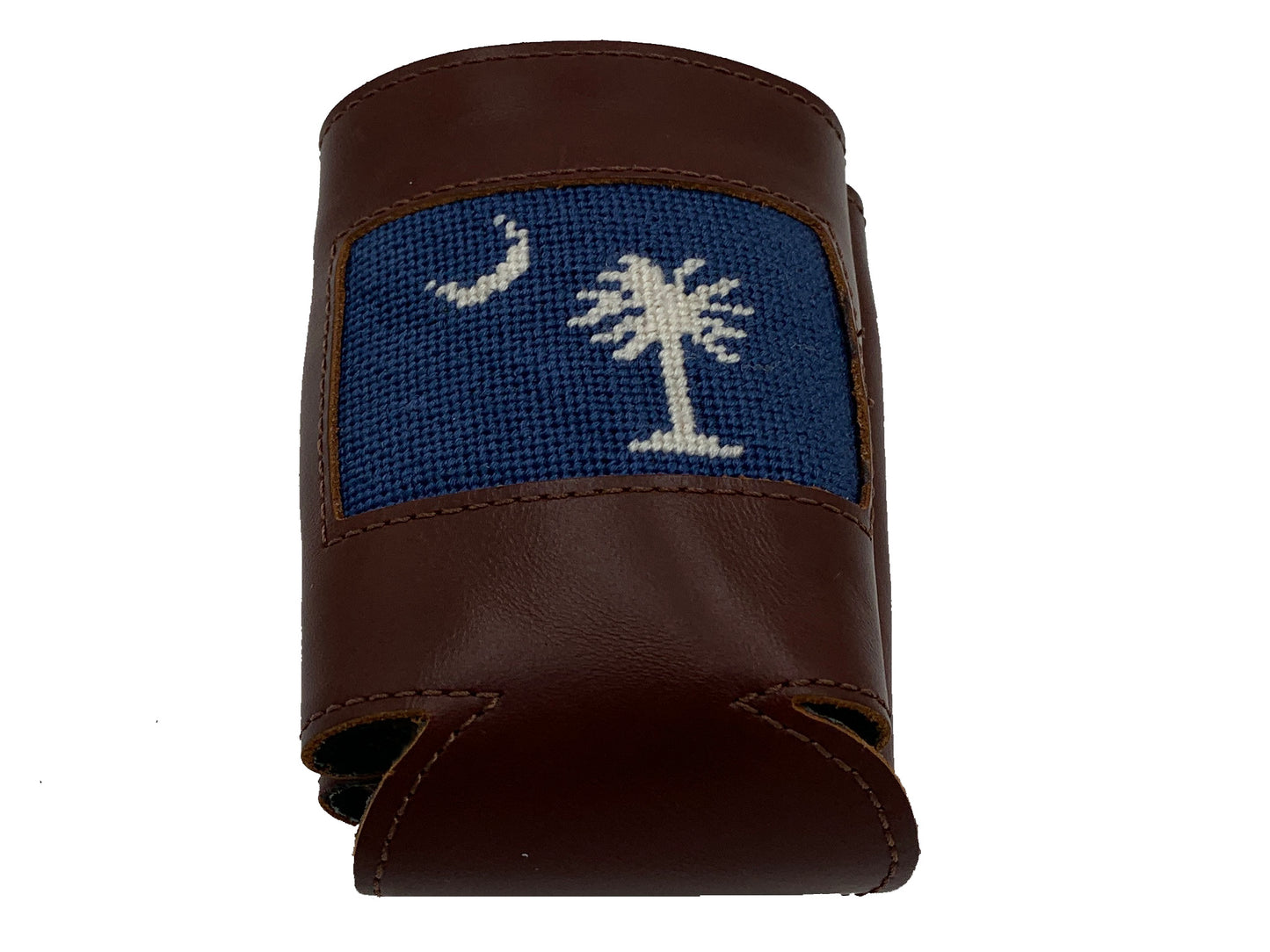 palmetto moon navy blue needlepoint leather can cooler koozie