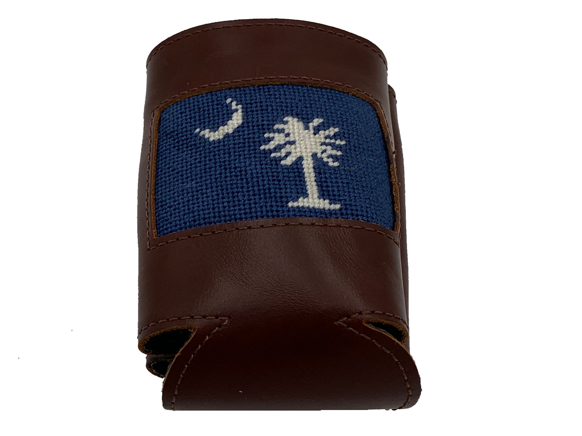 palmetto moon navy blue needlepoint leather can cooler koozie