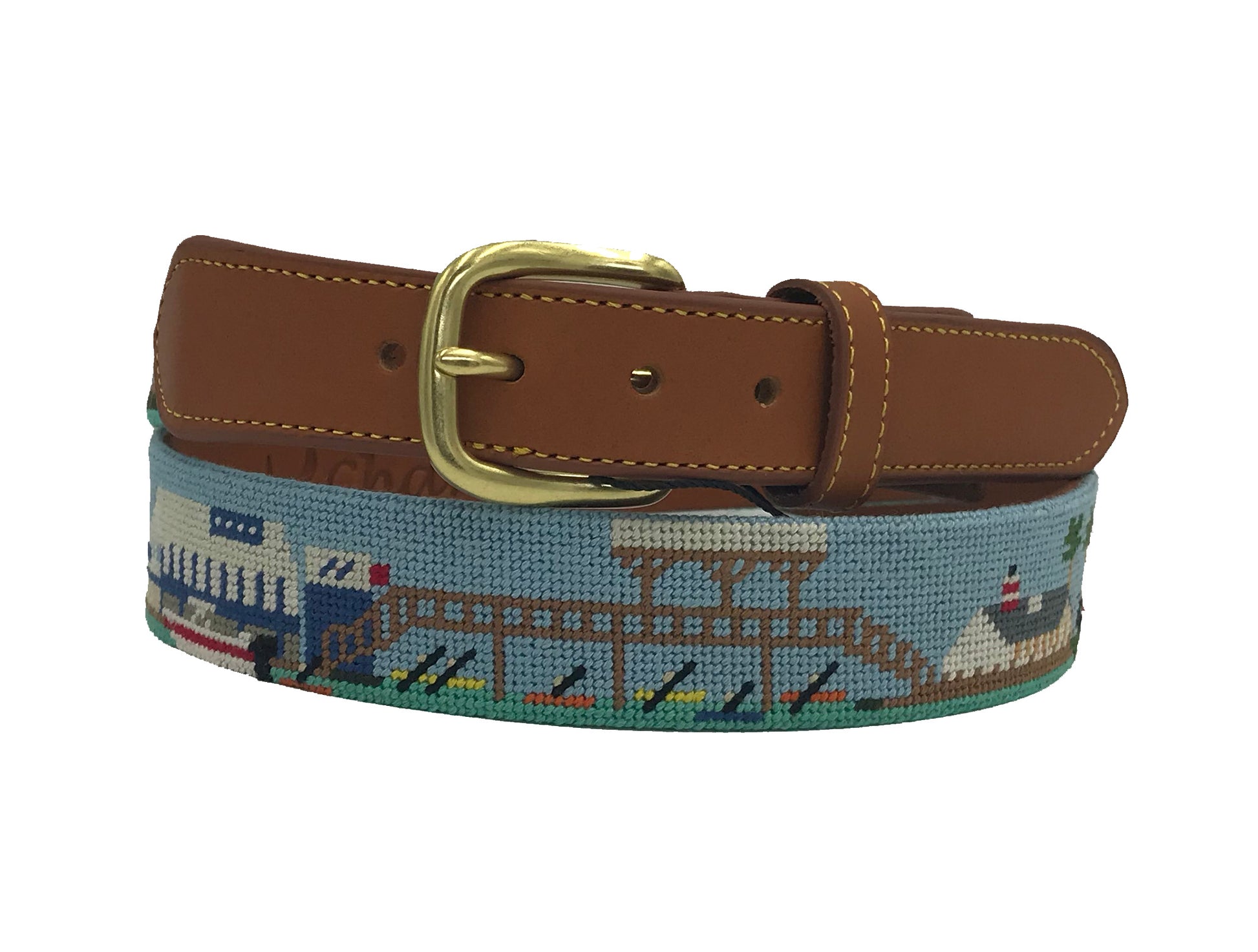 shem creek pier waters edge needlepoint embroidered leather belt