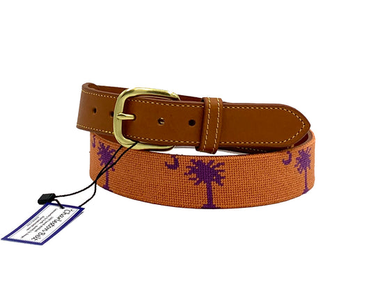 palmetto moon orange needlepoint embroidered leather belt