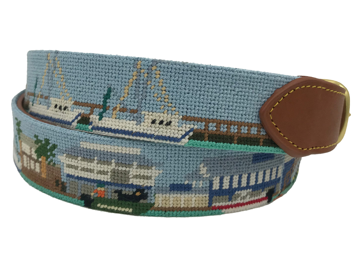 shem creek pier and boats needlepoint embroidered leather belt