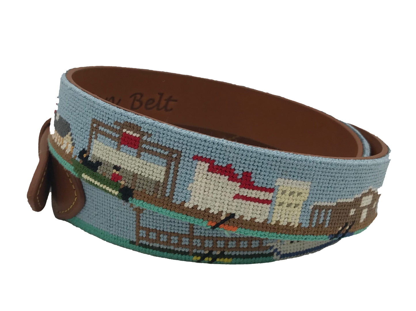 shem creek pier and boats needlepoint embroidered leather belt