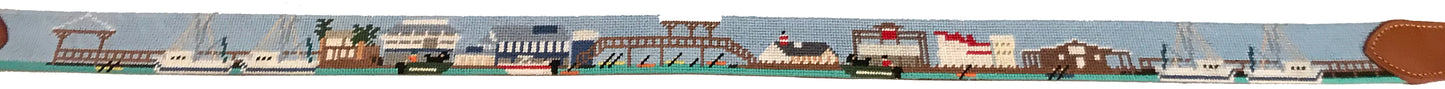 shem creek pier and boats needlepoint embroidered leather belt