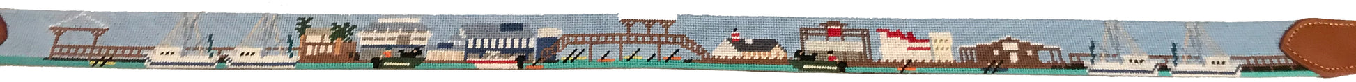 shem creek pier and boats needlepoint embroidered leather belt