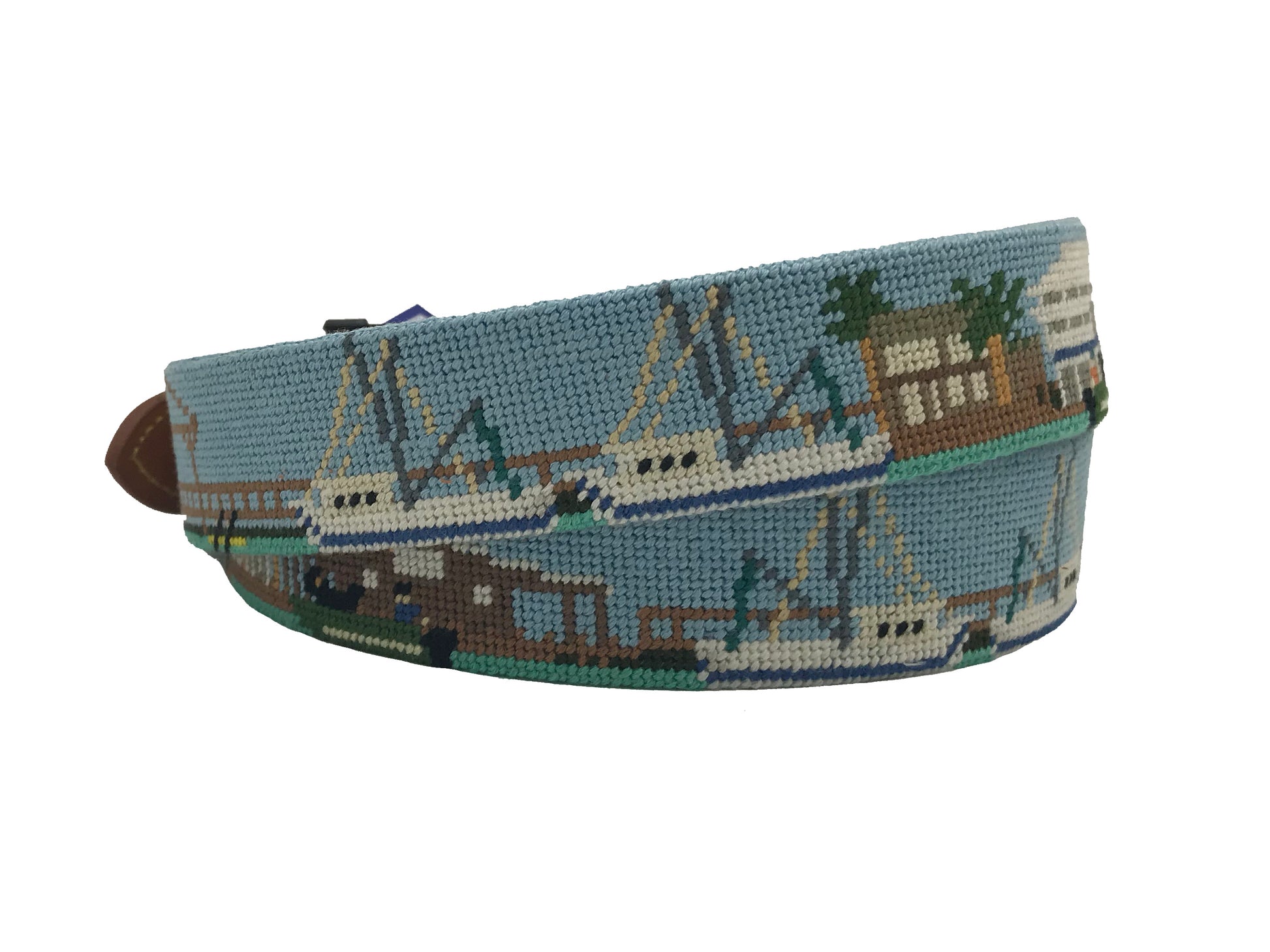 shem creek pier and boats needlepoint embroidered leather belt