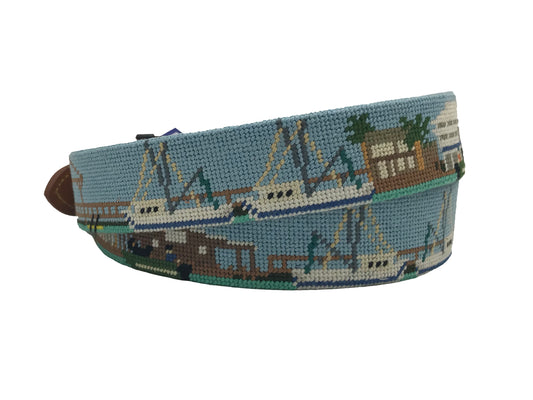 shem creek pier and boats needlepoint embroidered leather belt