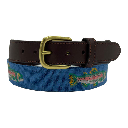 trout needlepoint embroidered leather belt