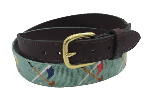 golf club and flag cross hand-made needlepoint leather belt - charlestonbelt.com