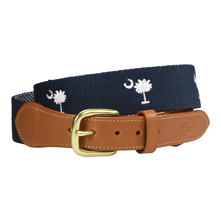 hand-stitched needlepoint crescent moon and palmetto leather belt - charlestonbelt.com