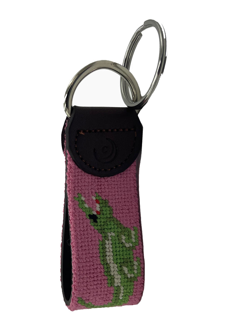 Key Fob - Pink Alligator Hand-stitched Needlepoint