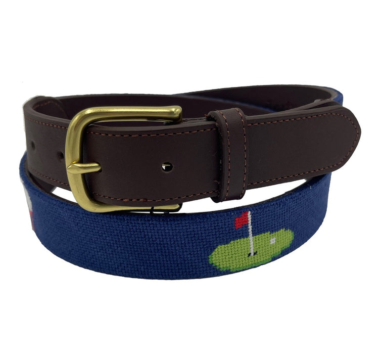 Charleston Belt Golf Green Gator Croc Leather Hand-stitched Needlepoint Belt Navy Blue