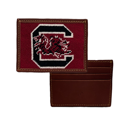 Cardholder with hand-stitched needlepoint embroidered USC Gamecocks logo on garnet red fabric and brown leather back