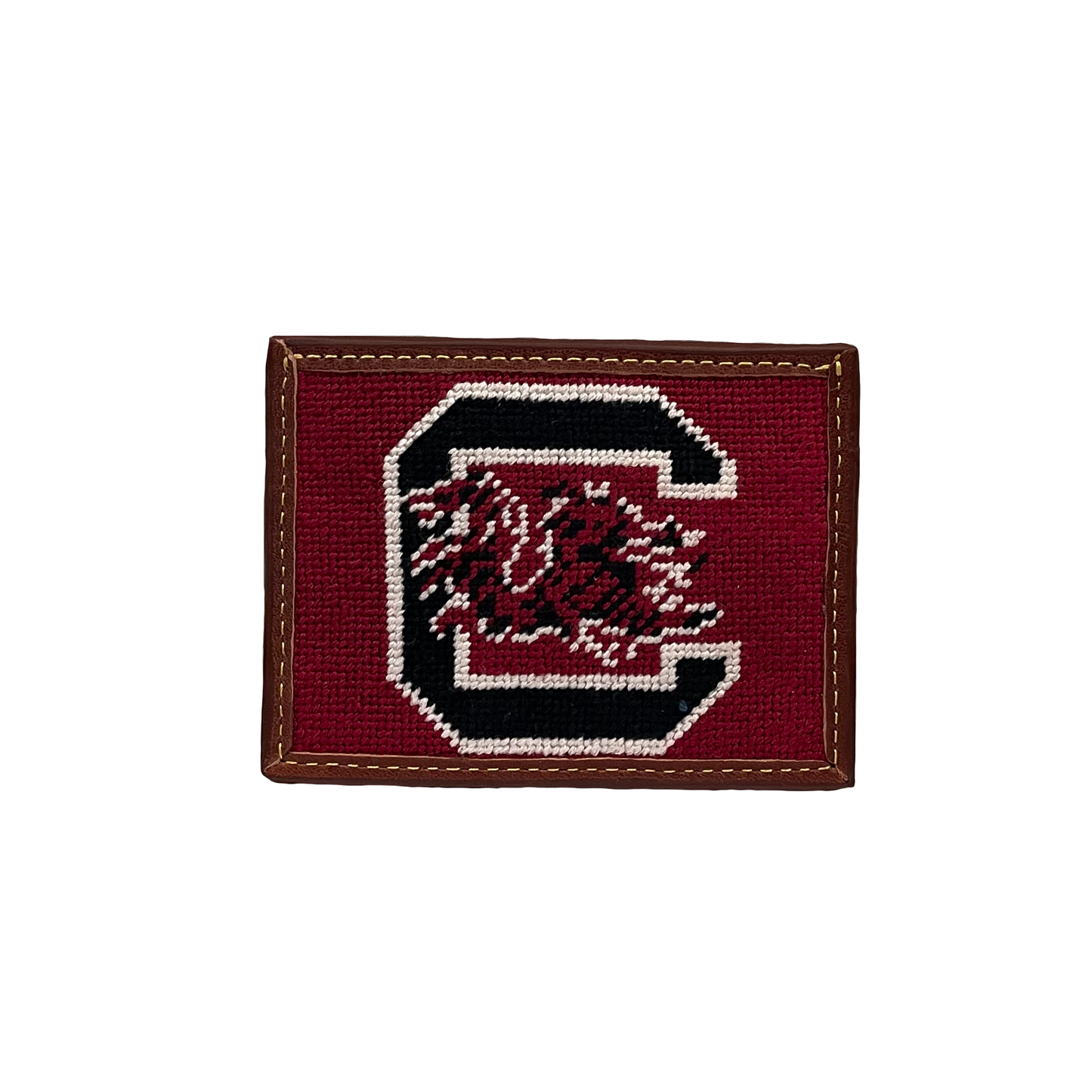 Cardholder with a USC Gamecocks logo on a garnet red background trimmed with brown genuine leather