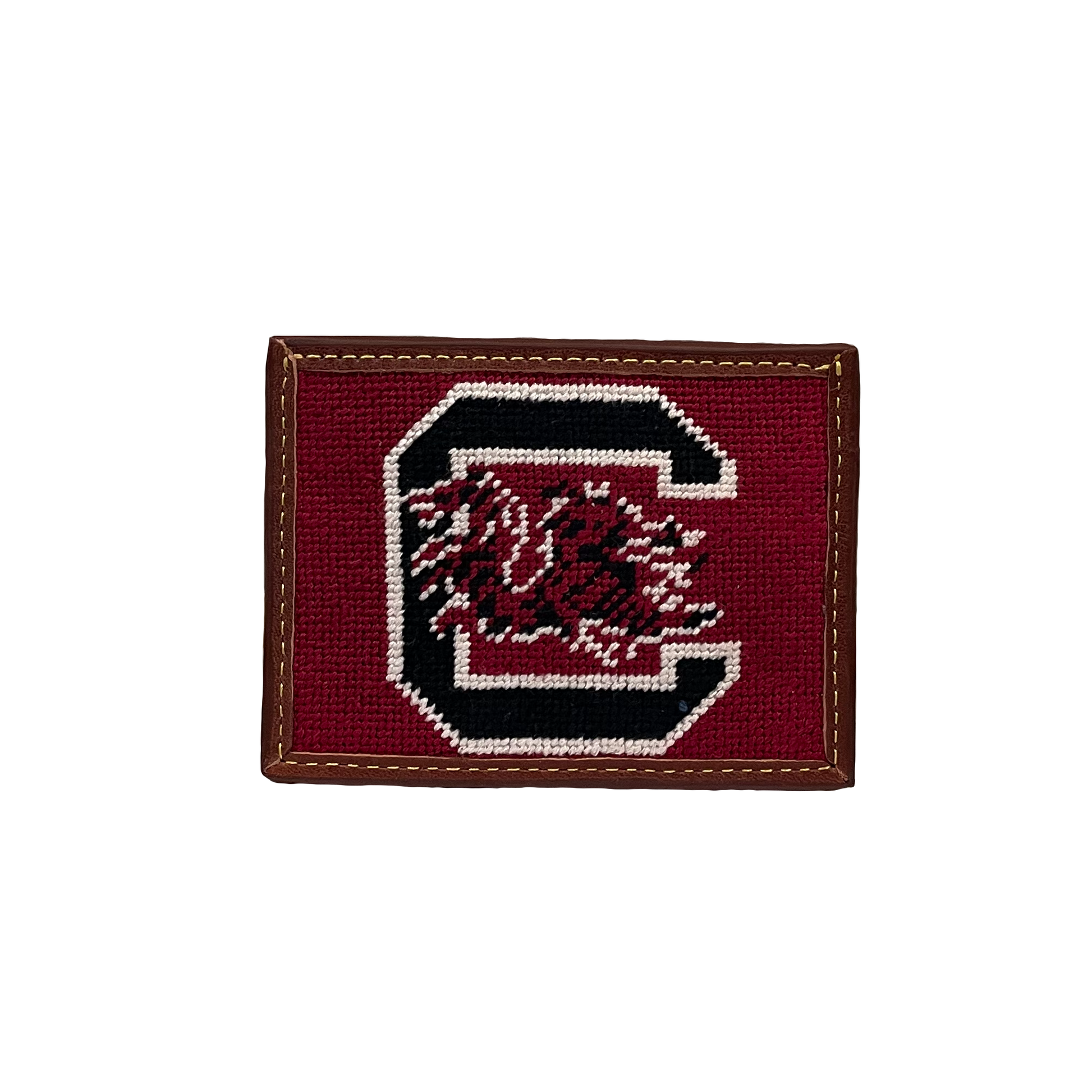 Cardholder with a USC Gamecocks logo on a garnet red background trimmed with brown genuine leather