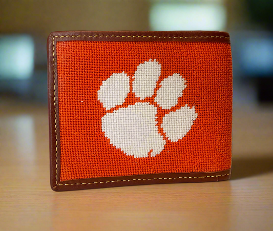 Clemson tiger paw logo leather needlepoint wallet